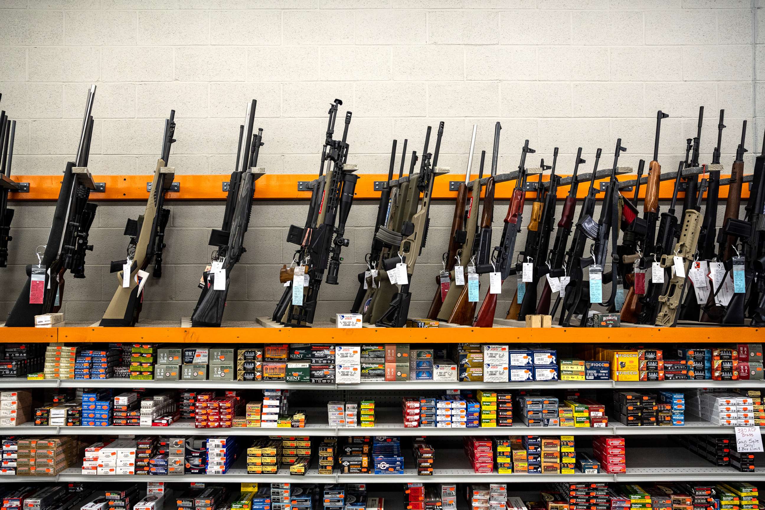 PHOTO: In this July 22, 2021, file photo, rifles and ammunition are for sale at a gun range in West Point, Ky.