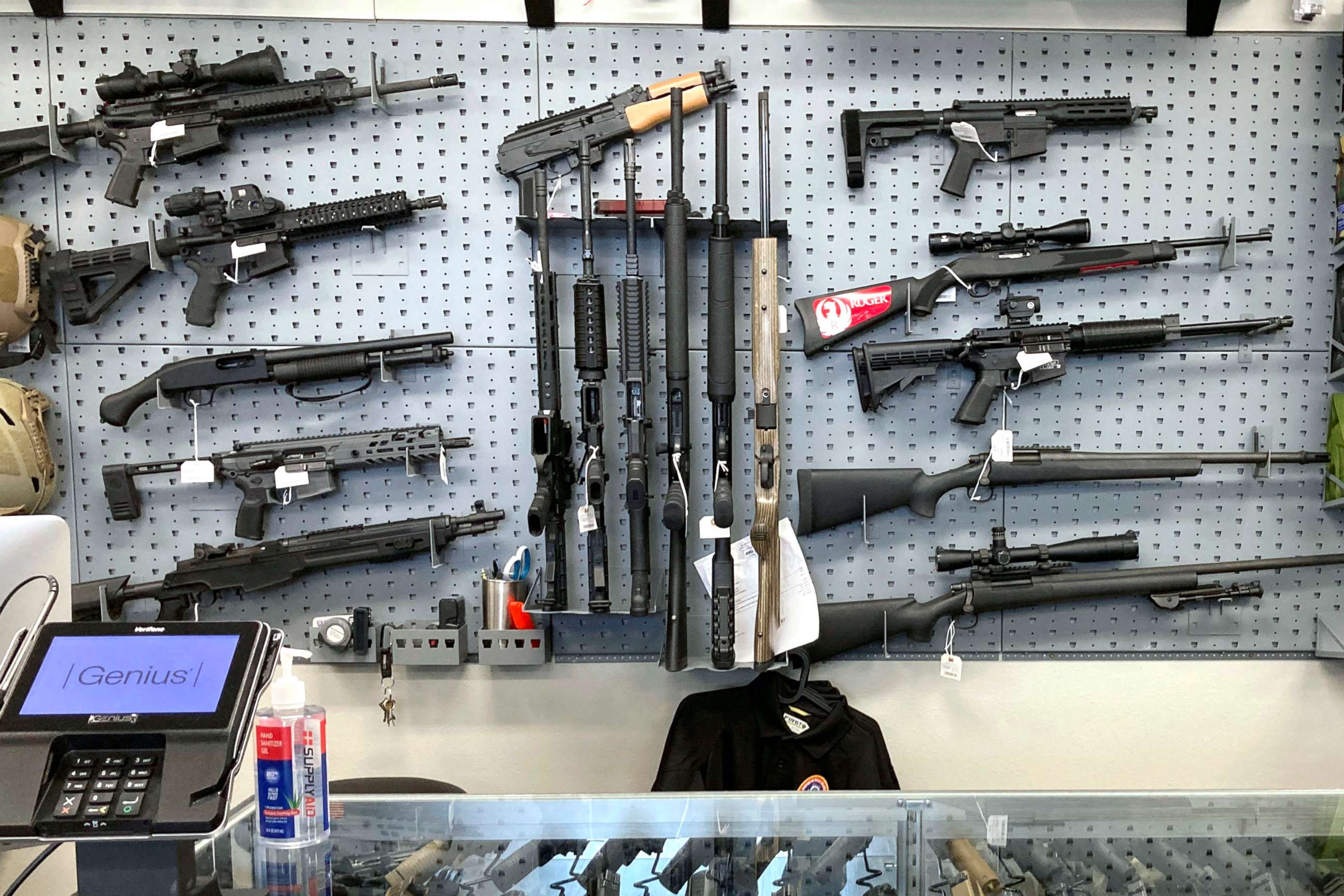 PHOTO: In this Feb. 19, 2021, file photo, firearms are displayed at a gun shop in Salem, Ore.