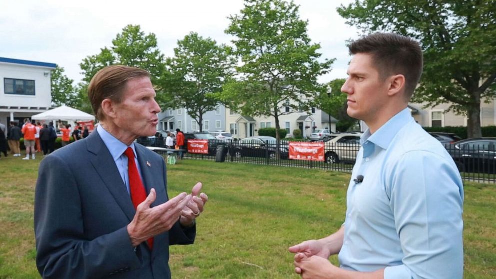 PHOTO: Connecticut Sen. Richard Blumenthal talks to ABC News' Trevor Ault about gun safety.