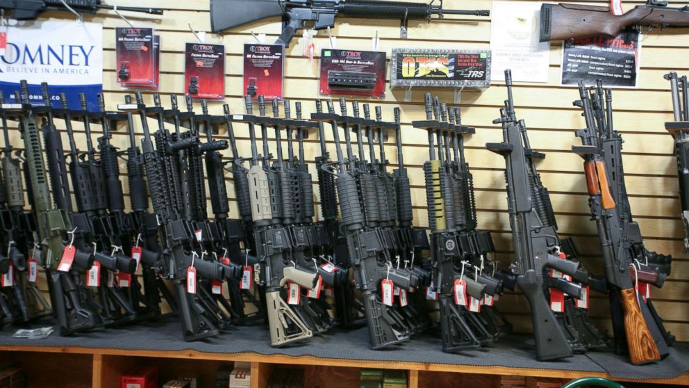 The assault rifles rack at Discount Firearms and Ammo in Nevada.
