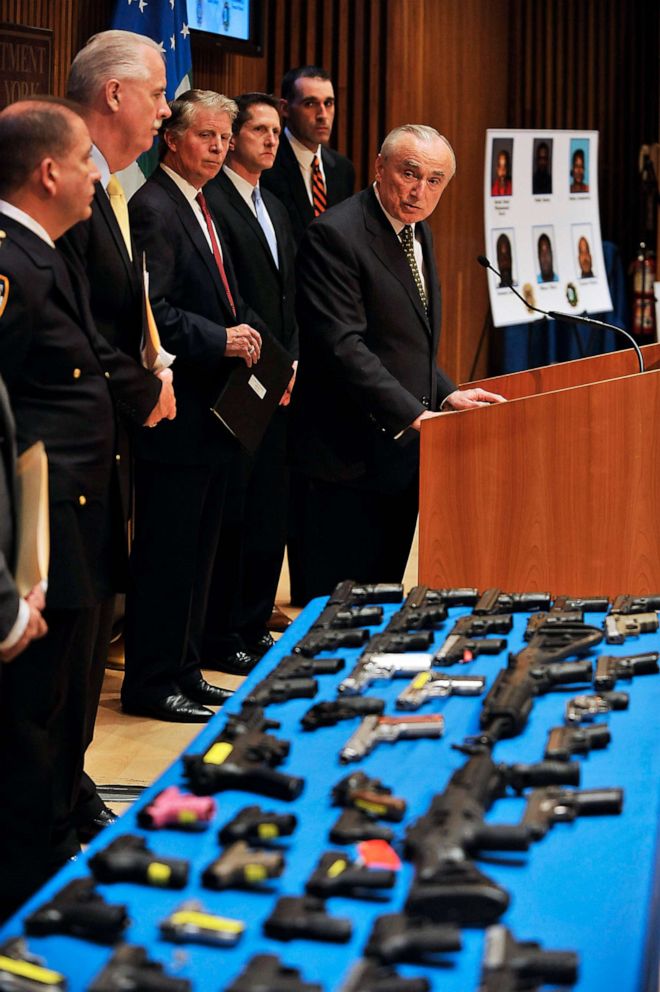 PHOTO: In this April 25, 2016, file photo, NYPD Commissioner William Bratton, along with top brass members of the NYPD, unveil a large cache of guns that had been funneled through the "Iron Pipeline," during a press conference in New York.