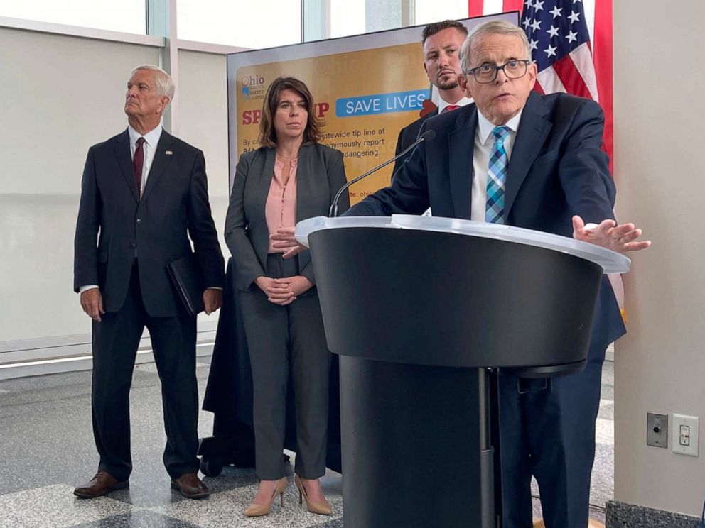 PHOTO: Ohio Gov. Mike DeWine discusses a law that gives school districts the option of arming trained school employees, June 13, 2022, in Columbus, Ohio. DeWine signed the bill into law on the same day the permitless carry law went into effect.