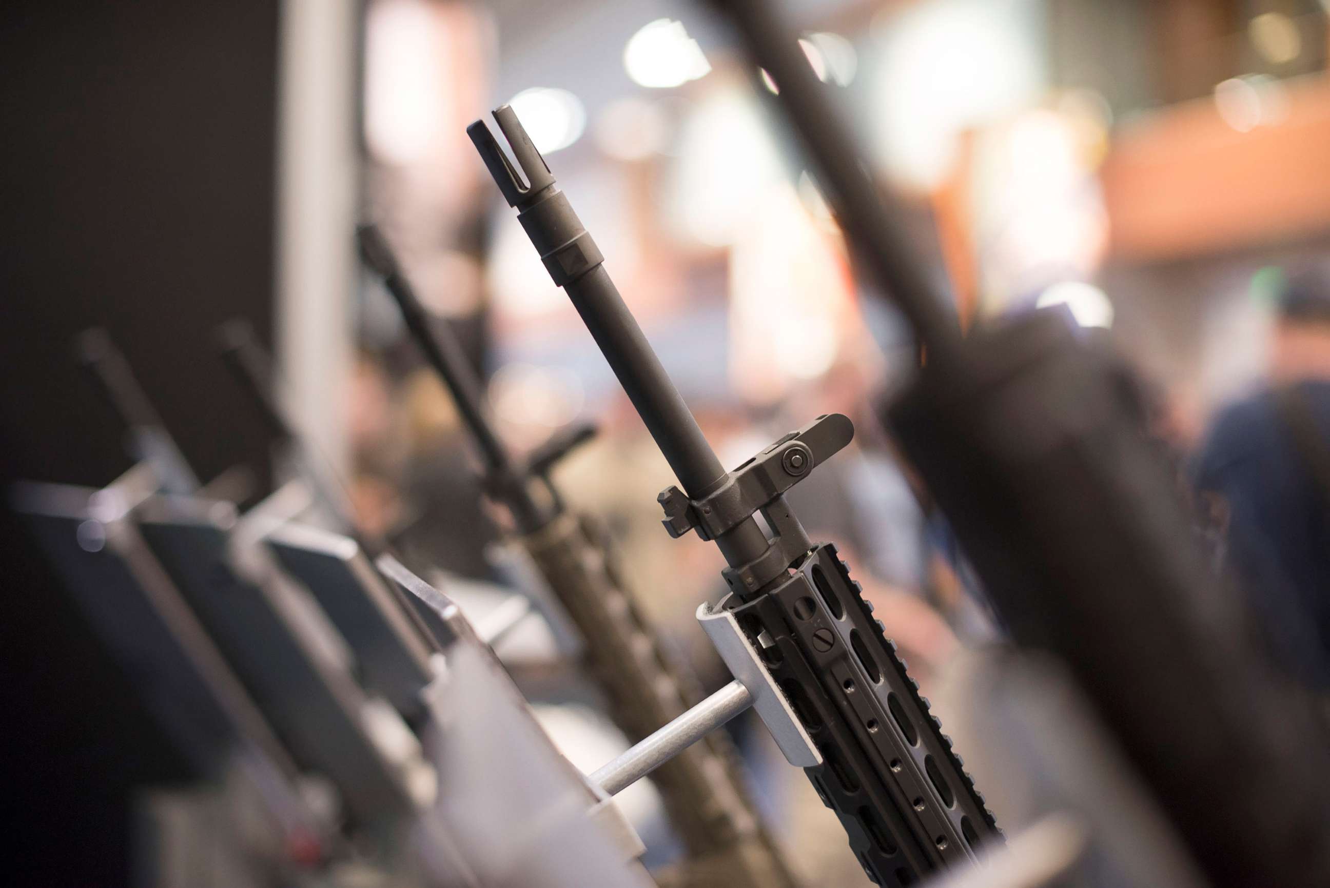 PHOTO: Weapons are on display on the exhibition floor of the 144th National Rifle Association (NRA) Annual Meetings and Exhibits in Nashville, Tenn, April 11, 2015.