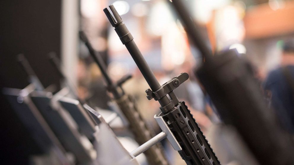 PHOTO: Weapons are on display on the exhibition floor of the 144th National Rifle Association (NRA) Annual Meetings and Exhibits in Nashville, Tenn, April 11, 2015.