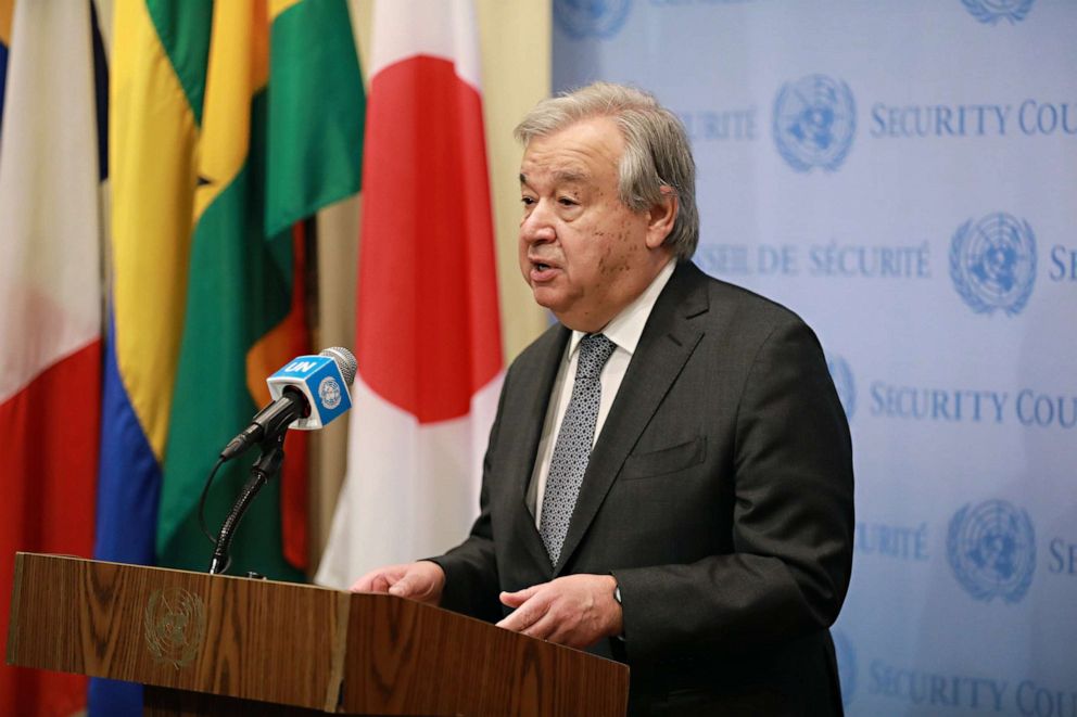 PHOTO: UN Secretary-General Antonio Guterres speaks to reporters at UN headquarters in New York on Feb. 14, 2023.