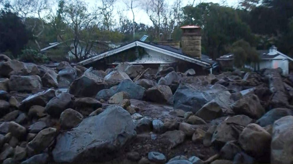 PHOTO: A home in Montecito, Calif., Jan. 10,. 2018. surrounded by boulders washed into the area after heavy rainfall.