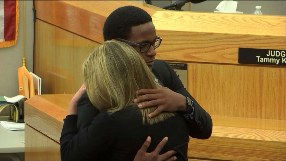 PHOTO: Botham Jean's brother Brandt hugs Amber Guyger after her sentencing, Oct 2, 2019.