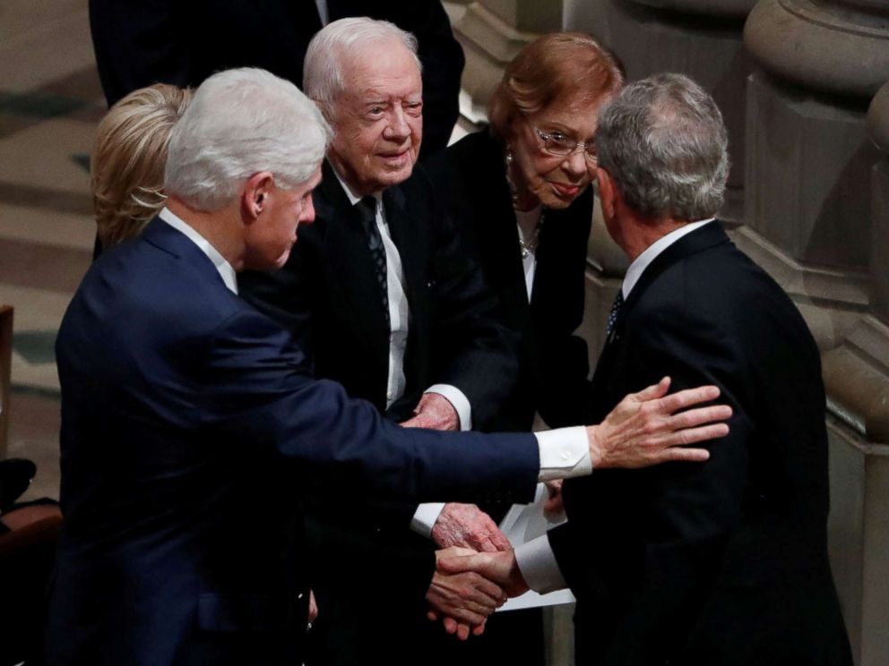 PHOTO: Former President George W. Bush greets former President Bill Clinton, former President Jimmy Carter and former first lady Rosalynn Carter at the state funeral for his father, former President George H.W. Bush in Washington, Dec. 5, 2018.