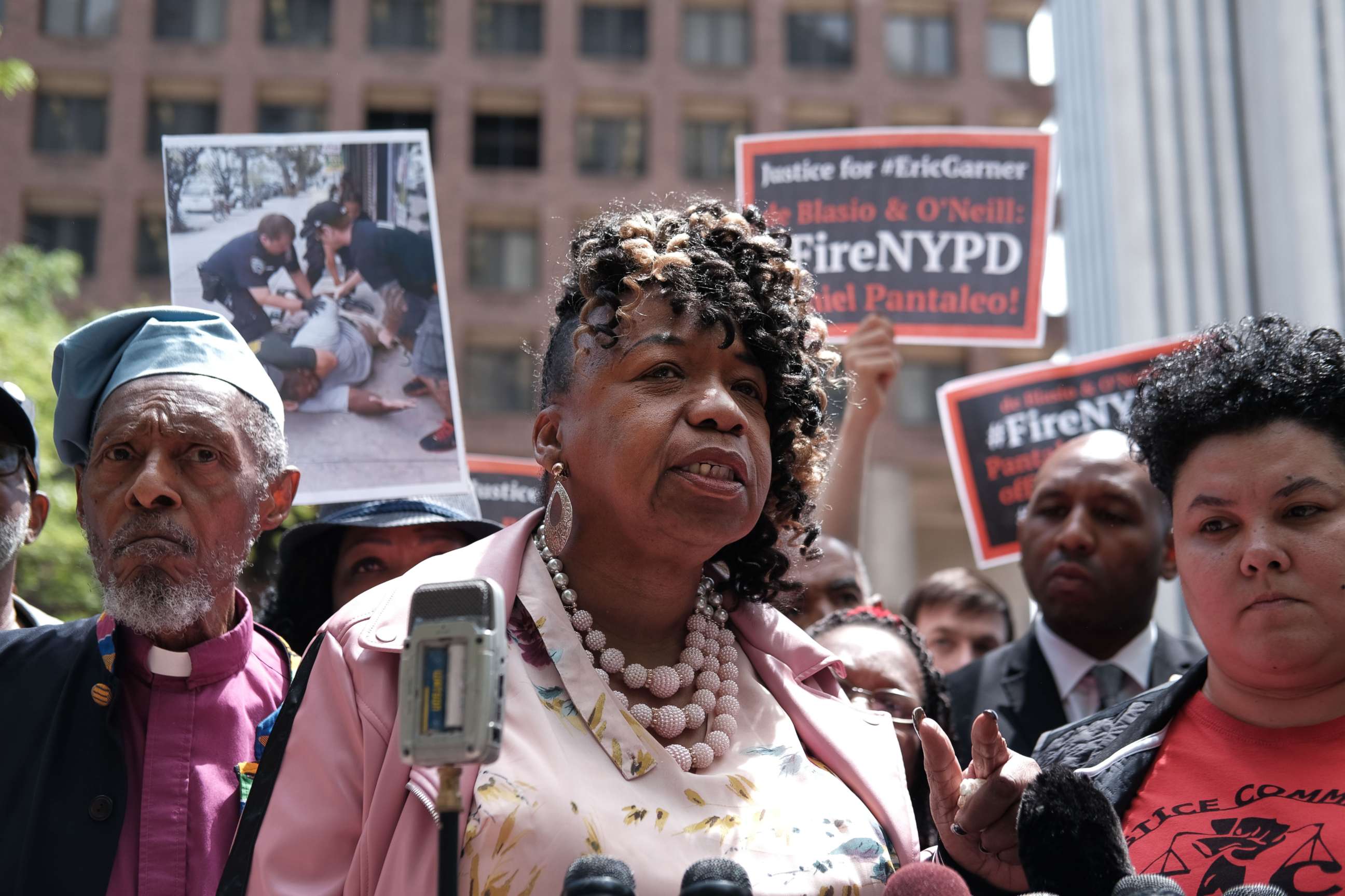 PHOTO: Gwen Carr, mother of Eric Garner, joins others during a news conference outside of Police Headquarters in Manhattan to protest during the police disciplinary hearing for Officer Daniel Pantaleo on May 21, 2019, in New York.
