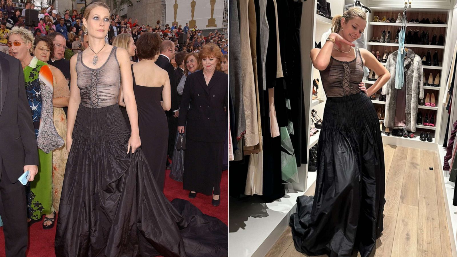 PHOTO: Split image showing Gwyneth Paltrow at the 74th Annual Academy Awards at the Kodak Theatre in Hollywood, Calif., on March 24, 2002, and a photo Paltrow posted on her Instagram stories of her daughter Apple wearing the same dress.