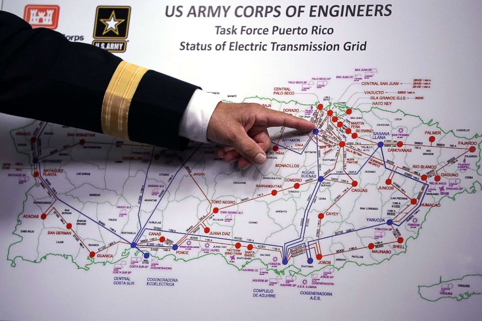 PHOTO: U.S. Army Corps of Engineers Commander Lt. Gen. Todd Semonite references a map of Puerto Rico's electric transmission grid during a news conference about the corps' ongoing hurricane relief efforts at the Pentagon Oct. 20, 2017.