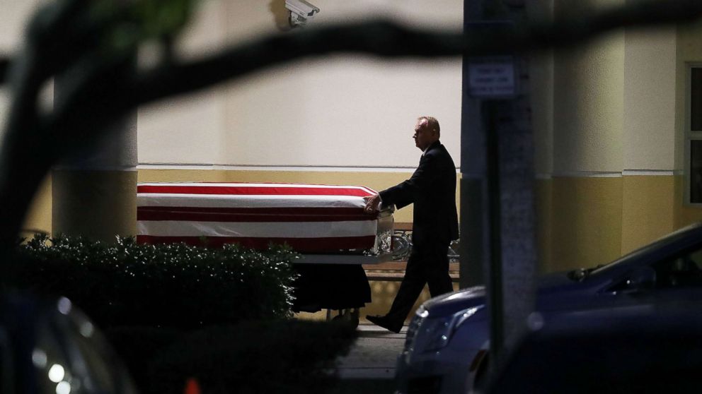 PHOTO: The casket of U.S. Army Sgt. La David Johnson is wheeled to the hearse after the viewing at the Christ the Rock Community Church on October 20, 2017 in Cooper City, Florida.