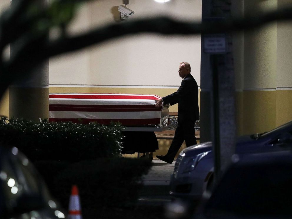 PHOTO: The casket of U.S. Army Sgt. La David Johnson is wheeled to the hearse after the viewing at the Christ the Rock Community Church on October 20, 2017 in Cooper City, Florida.