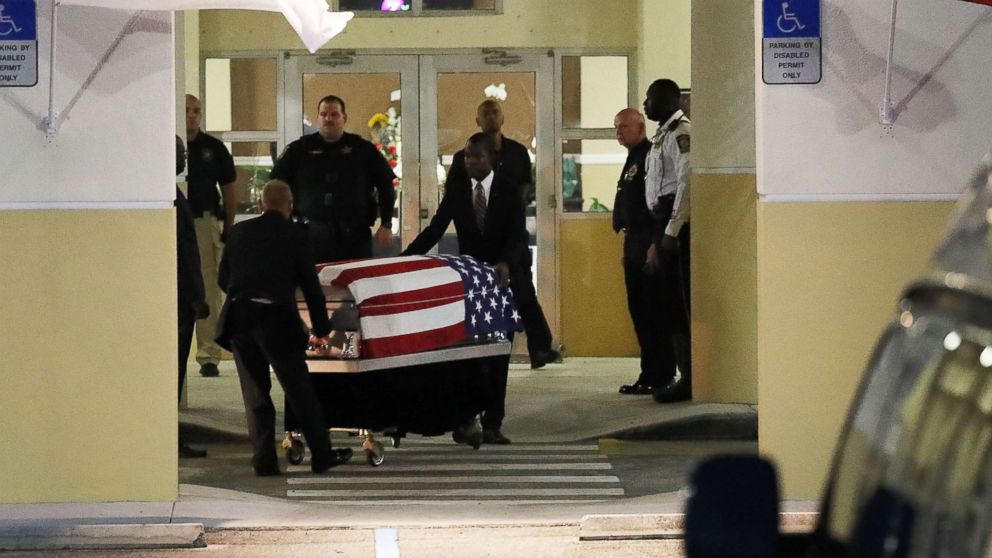 PHOTO: The casket of U.S. Army Sgt. La David Johnson is wheeled to the hearse after the viewing at the Christ the Rock Community Church on October 20, 2017 in Cooper City, Florida. 