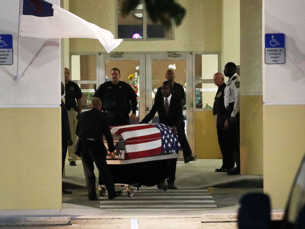 PHOTO: The casket of U.S. Army Sgt. La David Johnson is wheeled to the hearse after the viewing at the Christ the Rock Community Church on October 20, 2017 in Cooper City, Florida.