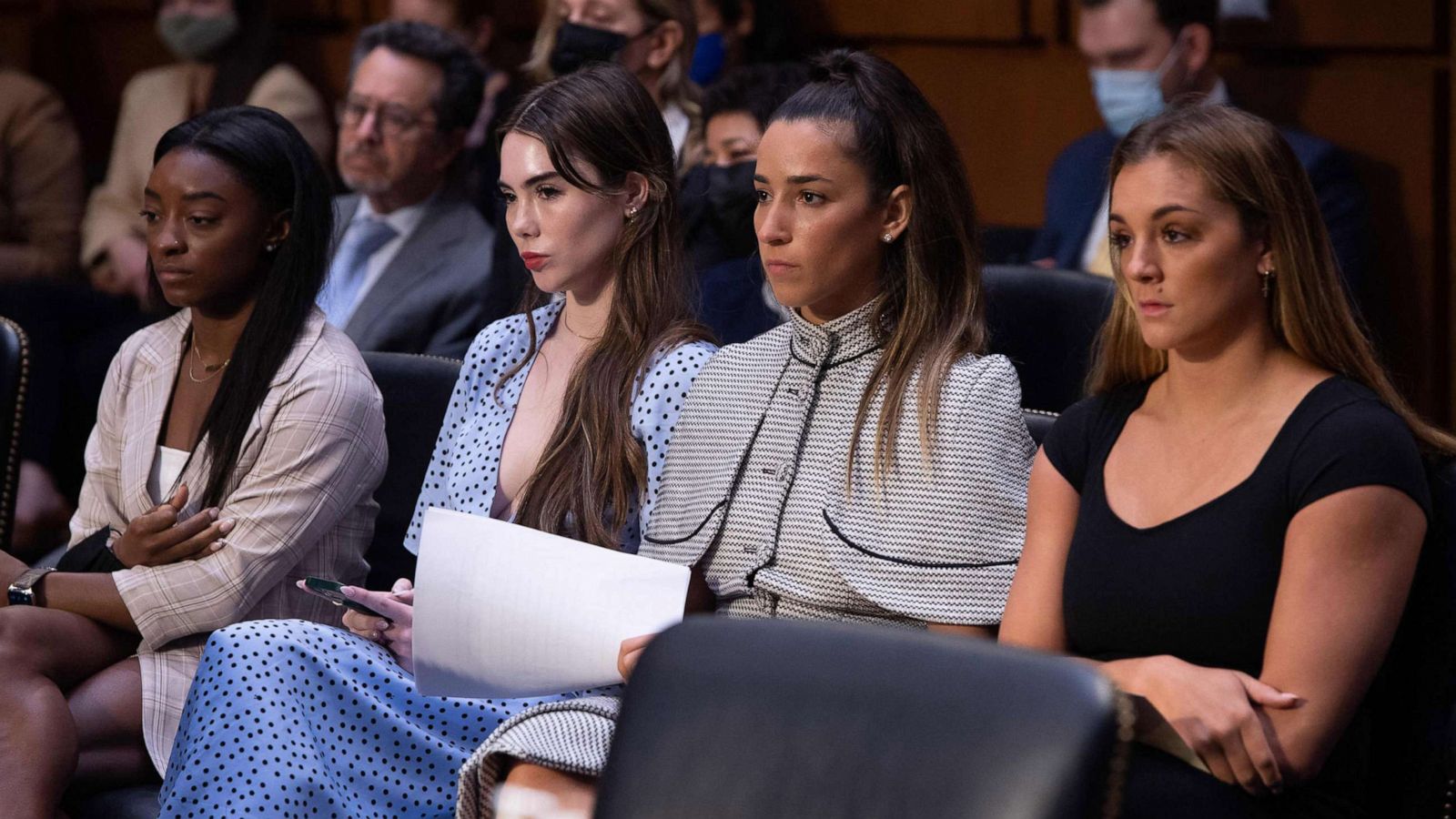 PHOTO: U.S Olympic gymnasts Simone Biles, McKayla Maroney, Aly Raisman and Maggie Nichols, arrive to testify during a Senate Judiciary hearing on Capitol Hill, Sept. 15, 2021, in Washington, D.C.