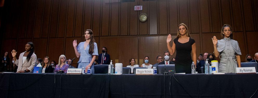 PHOTO: U.S. Olympic gymnasts Simone Biles, McKayla Maroney, Maggie Nichols, and Aly Raisman are sworn in to testify during a Senate Judiciary hearing on Capitol Hill, in Washington, D.C., Sept. 15, 2021.