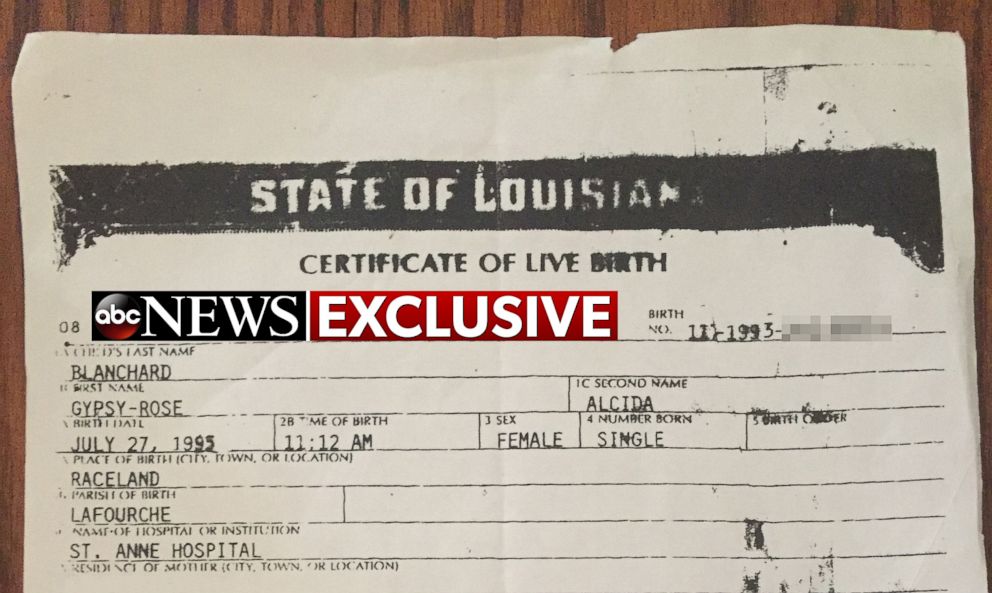 PHOTO: A doctored birth certificate Dee Dee Blanchard used for her daughter Gypsy Blanchard is pictured here.