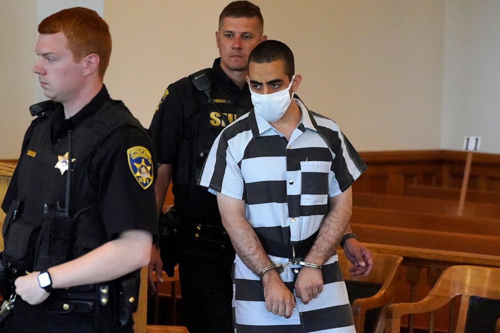PHOTO: Hadi Matar, 24, arrives for an arraignment in the Chautauqua County Courthouse in Mayville, NY., Aug. 13, 2022. Matar, accused of carrying out a stabbing attack against "Satanic Verses" author Salman Rushdie has entered a not-guilty plea. 