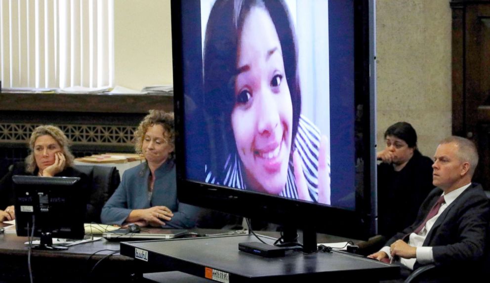 PHOTO: Defense attorneys sit near a photo of Hadiya Pendleton during closing arguments in the Micheail Ward case in the trial for the fatal shooting of Hadiya Pendleton in Chicago, Aug. 23, 2018.