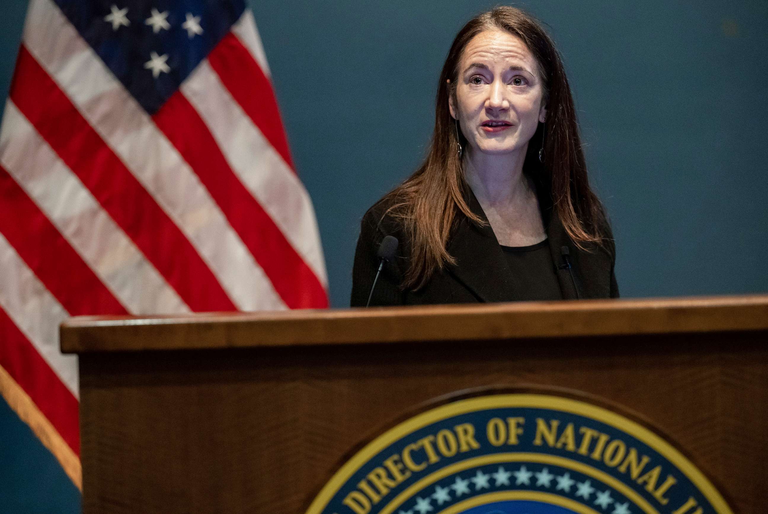 PHOTO: In this July 18, 2022 file photo Avril Haines, Director of National Intelligence, speaks as Secretary of State Antony Blinken visits the Office of Director of National Intelligence in McLean, Va.