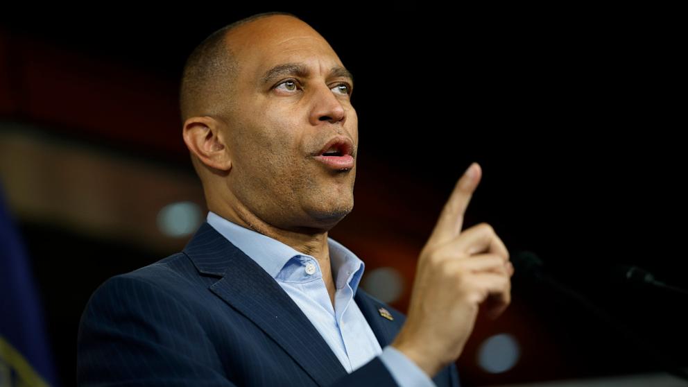 PHOTO: House Minority Leader Hakeem Jeffries speaks at a press conference on the government shutdown at the U.S. Capitol, October 7, 2025 in Washington.
