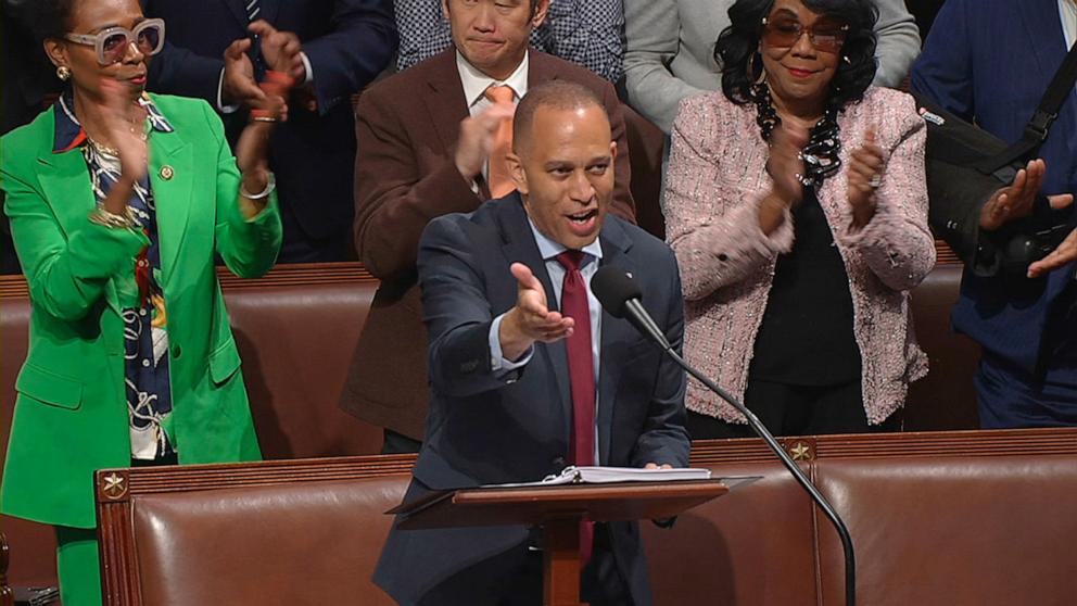 PHOTO: House Minority Leader Hakeem Jeffries speaks on the floor of the House of Representatives in Washington, July 3, 2025.