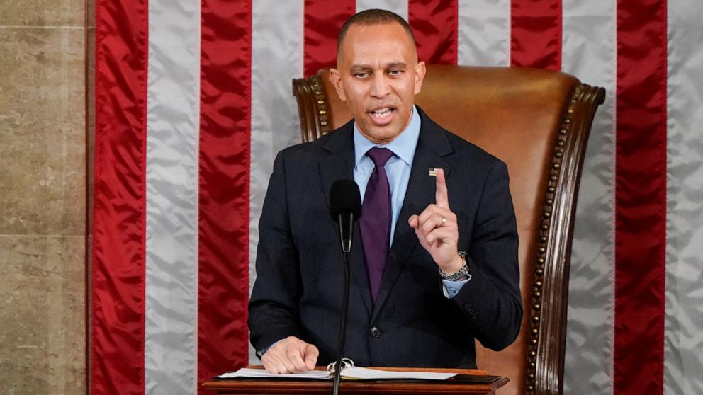 PHOTO: Rep. Hakeem Jeffries speaks after Rep. Mike Johnson was re-elected as Speaker of the House on the first day of the 119th Congress at the U.S. Capitol in Washington, Jan. 3, 2025. 