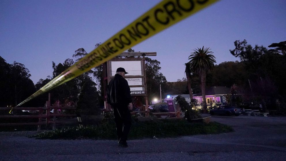 PHOTO: Police tape is placed near the scene of a shooting, Jan. 23, 2023, in Half Moon Bay, Calif.