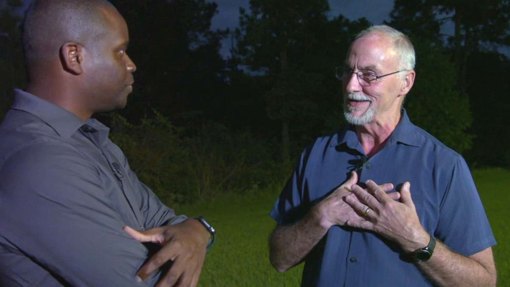 PHOTO: Good samaritan Tim Halfin, right, speaks with ABC's Marcus Moore about finding a missing Texas toddler in the woods, Oct. 11, 2021, in Houston.