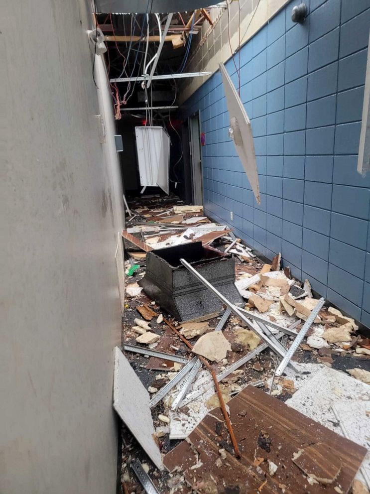 PHOTO: Selma's tornado ripped the ceiling off the Crosspoint Christian Church's daycare, exposing this hallway to the elements.