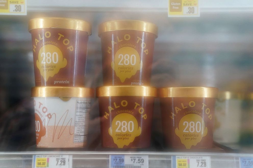 PHOTO: Halo Top ice cream is pictured though a fogged glass door in a grocery store freezer in the Manhattan borough of New York City, Aug. 7, 2017.