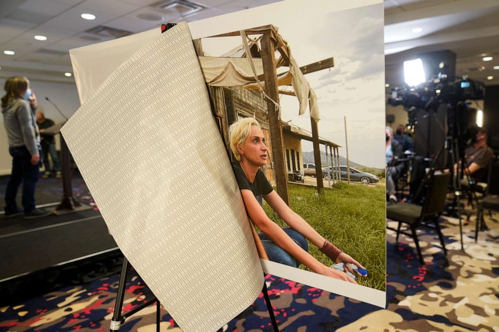 PHOTO: A photo of cinematographer Helyna Hutchins is displayed before a news conference to announce a lawsuit against Alec Baldwin and others in Beverly Hills, Calif., Nov. 10, 2021.