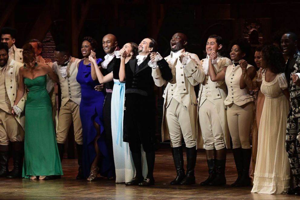 PHOTO: Actors of the the award-winning Broadway musical, Hamilton, including its composer and creator, Lin-Manuel Miranda, center, receive a standing ovation at the ending of its premiere in San Juan, Puerto Rico, Jan. 11, 2019.