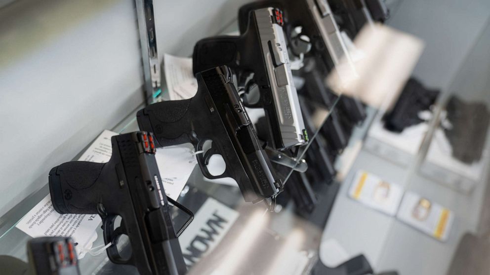 PHOTO: Semi-automatic pistols for sale at a store in El Cajon, Calif., April 26, 2021.