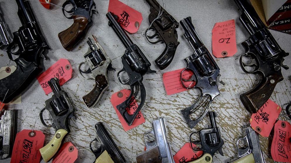 PHOTO: Handguns being processed as potential evidence sit in the gun storage vault in the Chicago Police Department's Homan Square facility on Jan. 26, 2017.