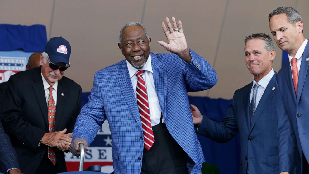 PHOTO: Baseball icon Henry Aaron is introduced during the Baseball Hall of Fame induction ceremony on July 29, 2018 in Cooperstown, New York.