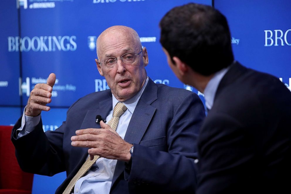PHOTO: Former U.S. Treasury Secretary Hank Paulson answers questions at the Brookings Institution Sept. 12, 2018 in Washington, DC.