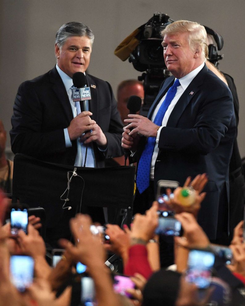 PHOTO: Fox News Channel and radio talk show host Sean Hannity interviews President Donald Trump before a campaign rally at the Las Vegas Convention Center, Sept. 20, 2018, in Las Vegas.
