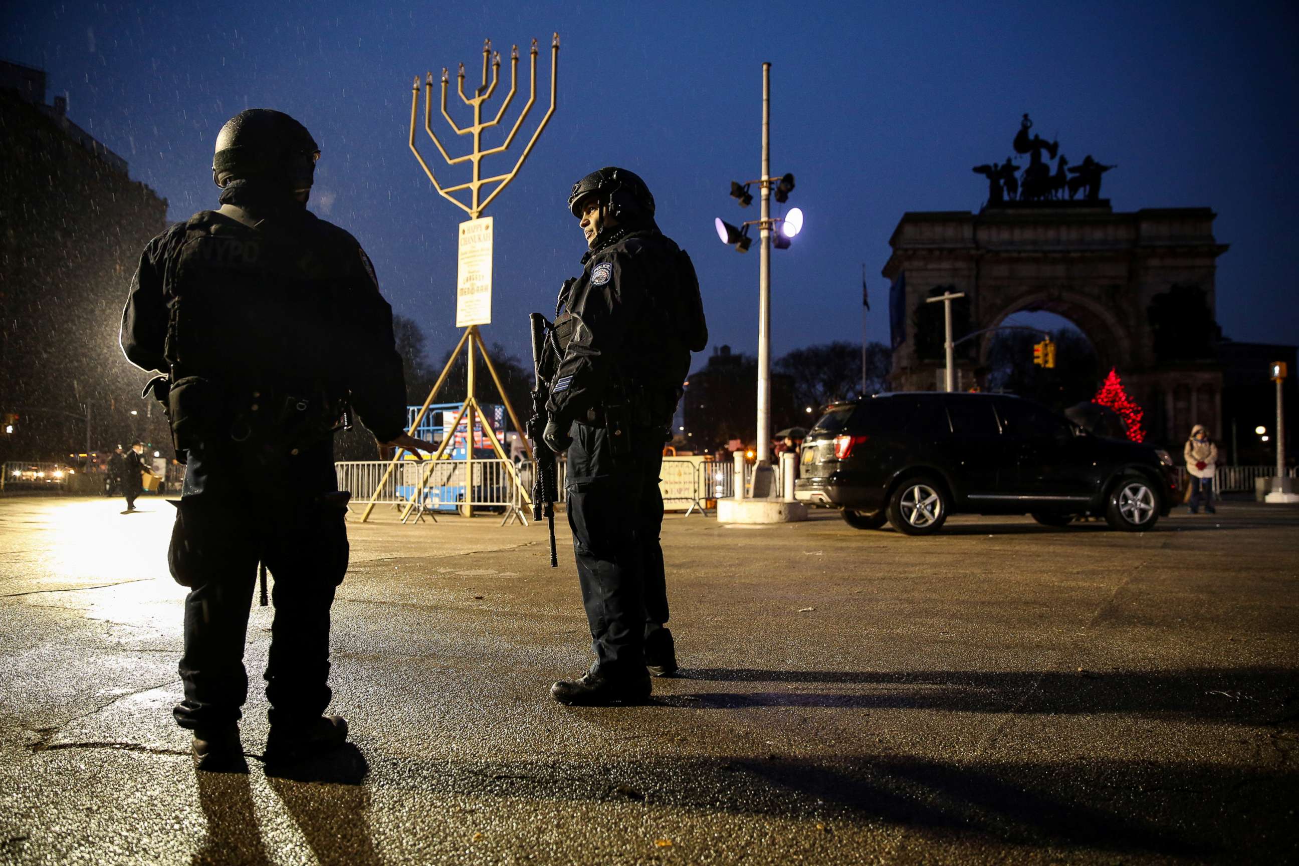 PHOTO: New York Police Department officers stand guard ahead of gathering at Grand Army Plaza in Brooklyn, New York City, Dec. 29, 2019.