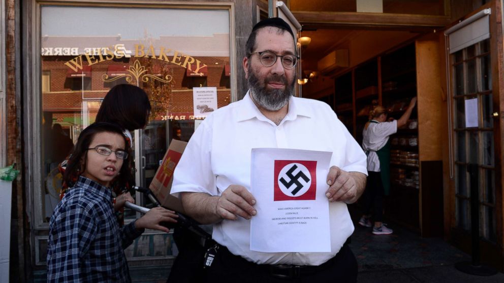 PHOTO: Abraham Weiss, owner of a kosher bakery in Brooklyn, holds a letter with a swastika and hate speech that his bakery and several other businesses in New York reportedly received, Oct. 4, 2017.