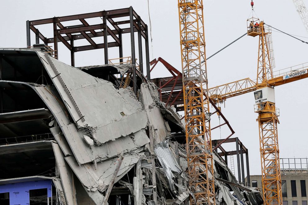 PHOTO: Workers begin the process of preparing the two unstable cranes for implosion at the collapse site of the Hard Rock Hotel, which underwent a partial, major collapse while under construction last Sat., Oct., 12, in New Orleans, Friday, Oct. 18, 2019.