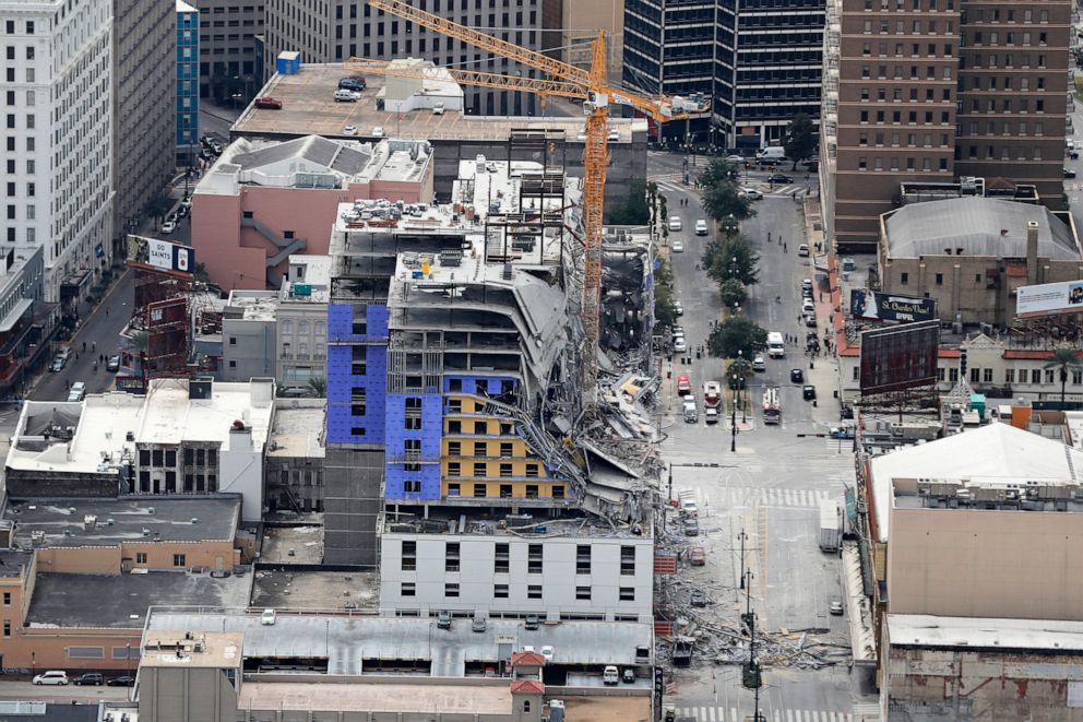 PHOTO: This aerial photo shows the Hard Rock Hotel, which was under construction, after a fatal partial collapse in New Orleans, Saturday, Oct. 12, 2019.