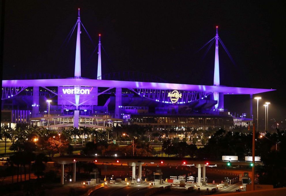 PHOTO:Part of the Hard Rock Stadium is seen during the Light It Blue initiative on April 9, 2020 in Miami Gardens, Fla.