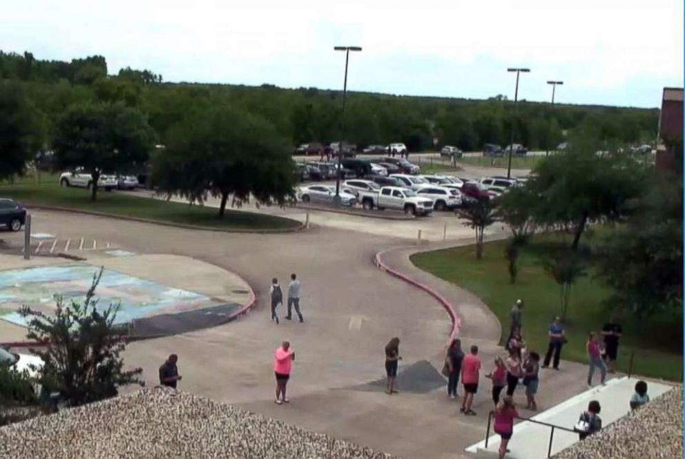 PHOTO: The front entrance of Hargrave High School in Huffman, Texas is pictured in an image released by the Huffman Independent School District with a message to parents after the announcement that a student was found with a gun on campus, May 21, 2018.