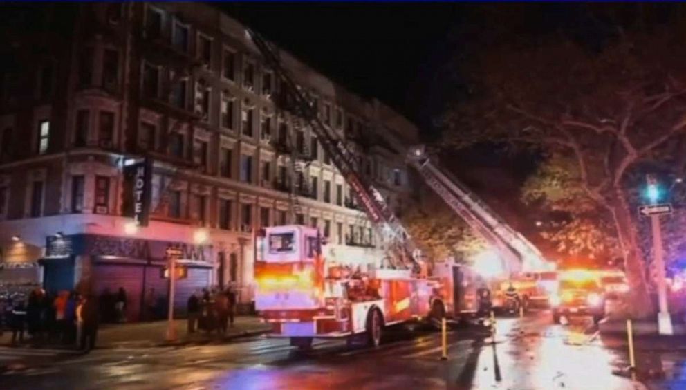 PHOTO: In this screen grab from a video, emergency vehicles are shown at a fire in a building at 1833 Adam Clayton Powell Jr. Blvd. in New York, on Nov. 18, 2020.