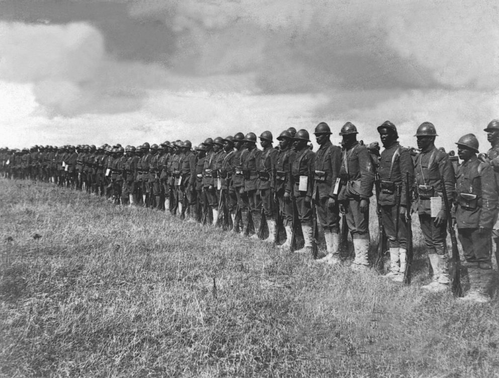 PHOTO: African-American troops of the Army 369th Infantry, formerly the 15th Regiment New York Guard, and organized by Col. Haywood, were among the most highly decorated upon their return home, 1918. They were also known as the Harlem Hellfighters.