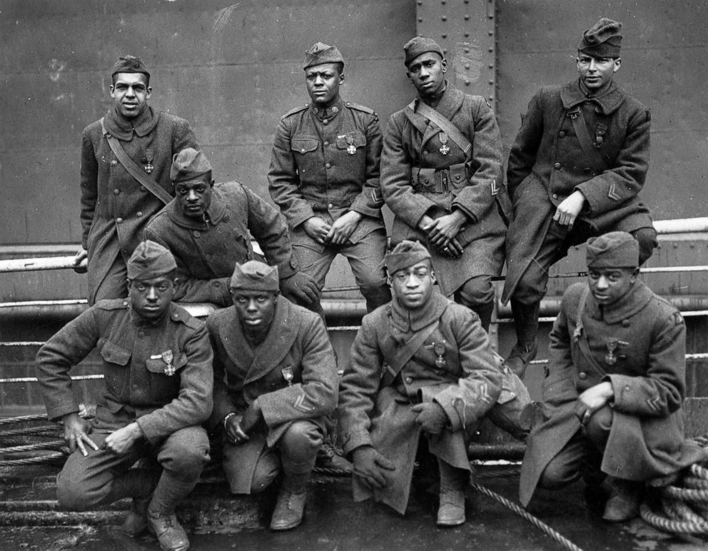 PHOTO: Soldiers of the Harlem Hellfighters won the Croix de Guerre for gallantry in action. Front: Ed Williams, Herbert Taylor, Leon Fraitor, Ralph Hawkins. Back: Sgt. H.D. Prinas, Sgt. Dan Storms, Joe Williams, Alfred Hanley, Cpl. T.W. Taylor, 1919.