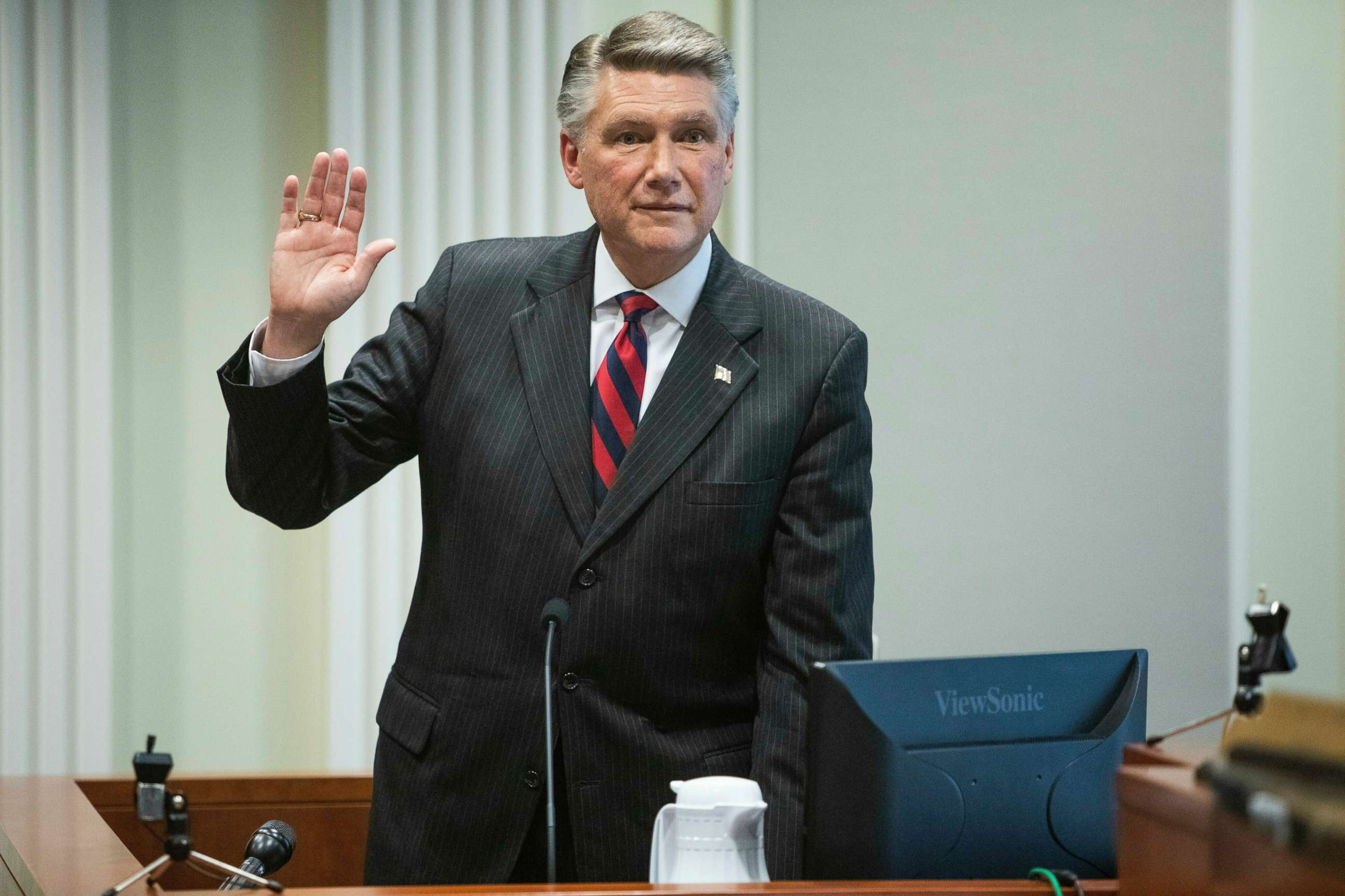 PHOTO: Mark Harris, Republican candidate in North Carolina's 9th Congressional race, prepares to testify during a hearing on voting irregularities investigation, Feb. 21, 2019, at the North Carolina State Bar in Raleigh, N.C.  