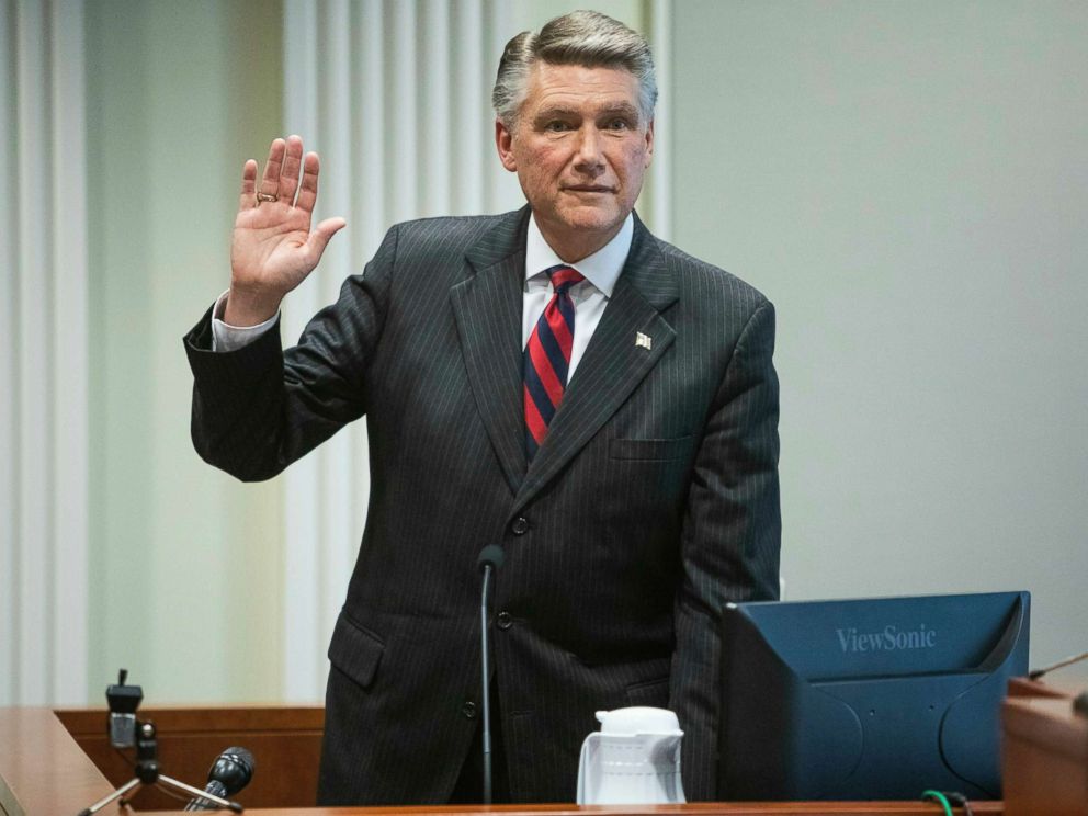 PHOTO: Mark Harris, Republican candidate in North Carolinas 9th Congressional race, prepares to testify during a hearing on voting irregularities investigation, Feb. 21, 2019, at the North Carolina State Bar in Raleigh, N.C.
